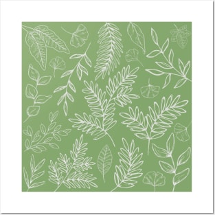 Botanical Line Drawn Leaves Pattern Green Posters and Art